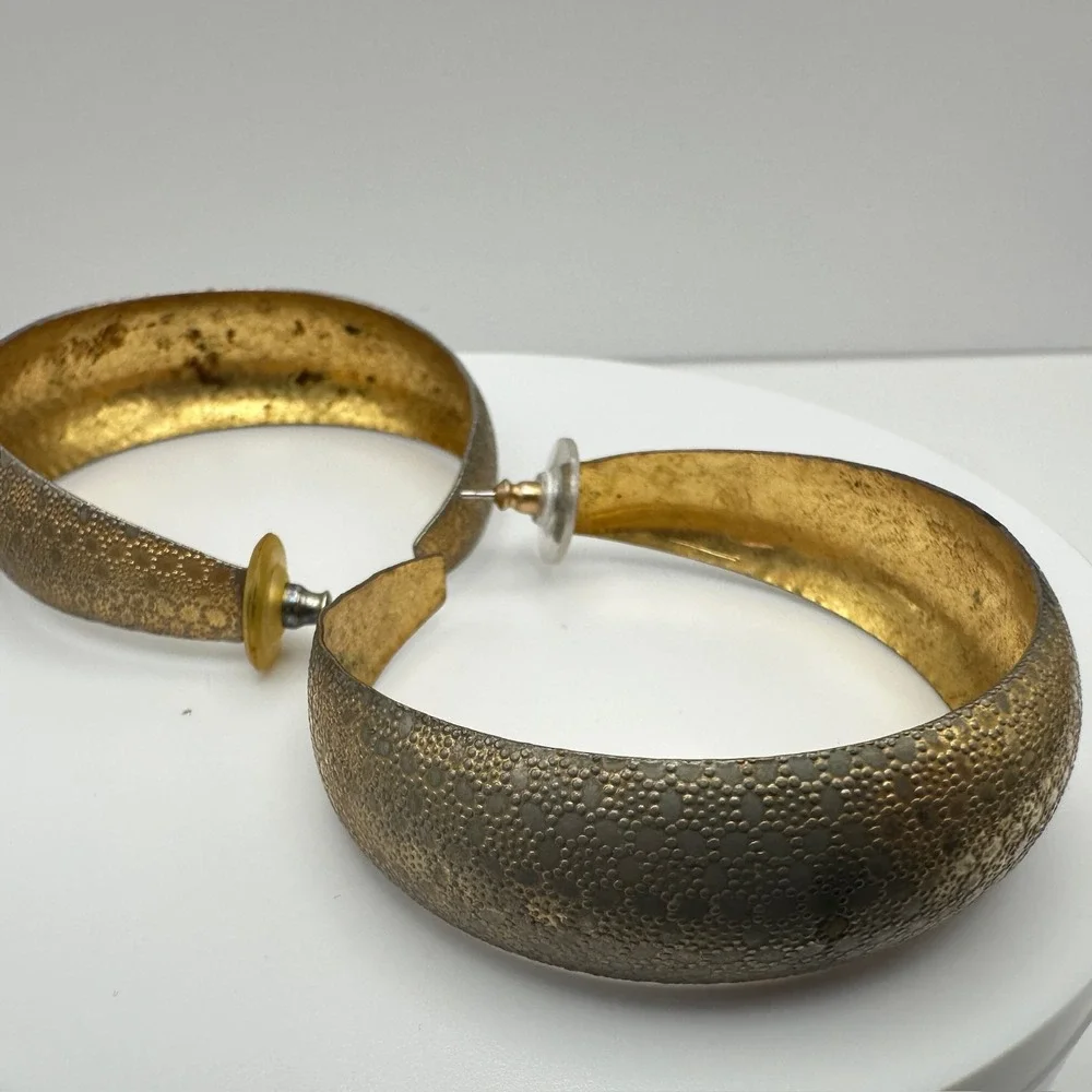 Vintage 80s Gold‎ Tone Textured Hoop Earrings Statement Boho Women's Jewelry Y2K